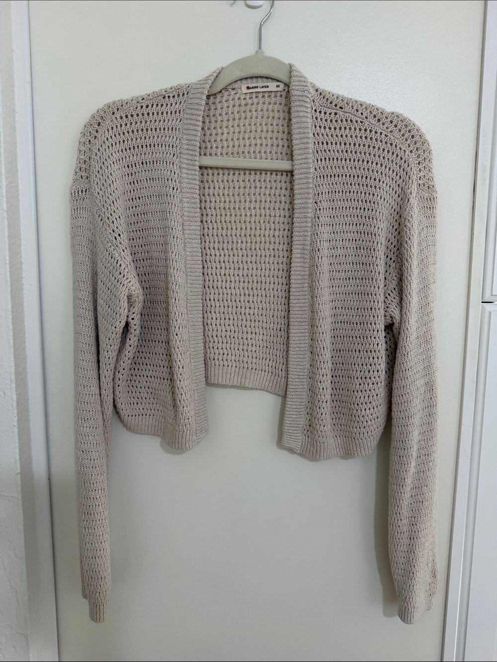 Marine Layer Anacapa Open Stitch Beige Cotton Linen Blend Cropped Cardigan | XS